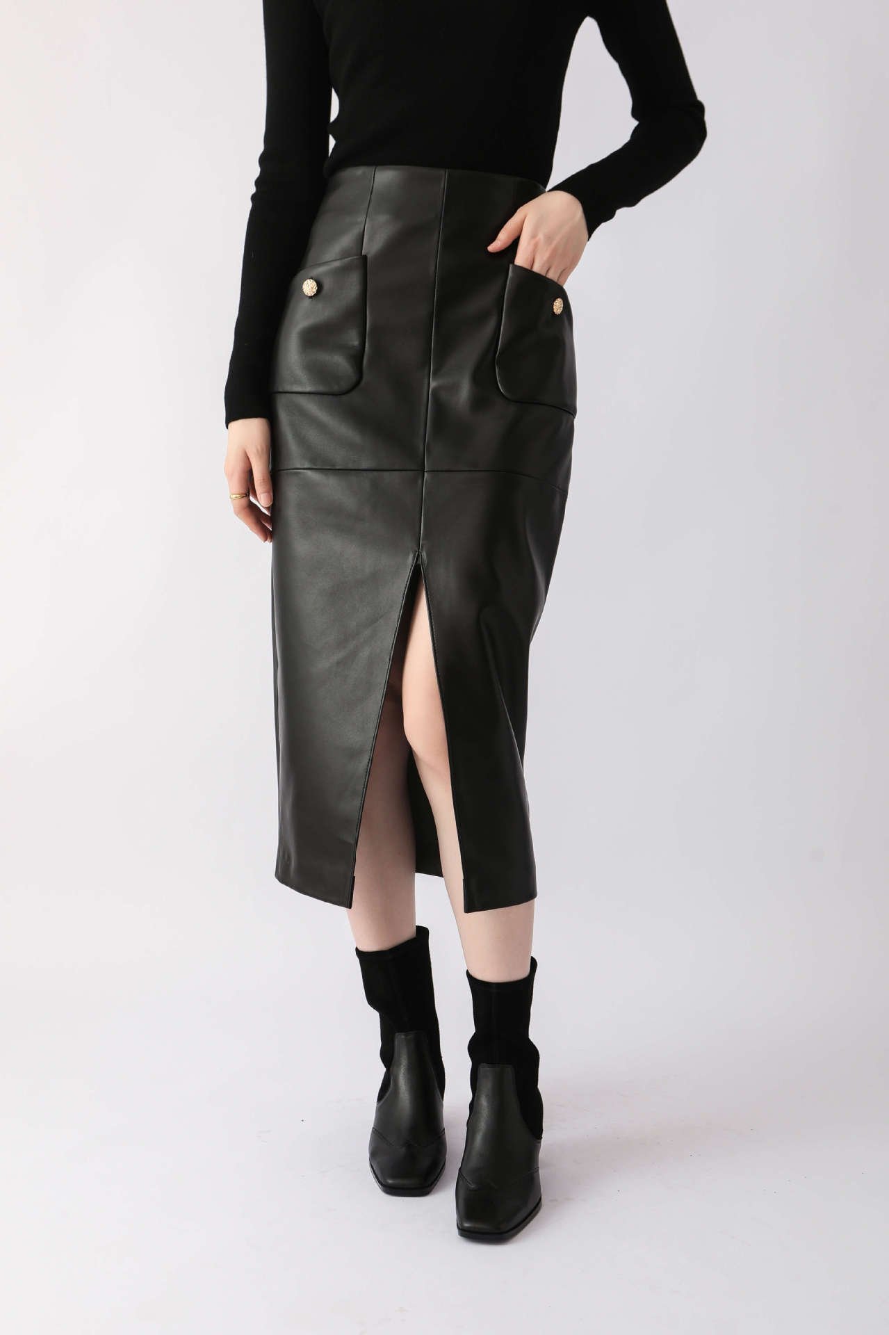 Lightly Coated Sheepskin Leather Over the Knee Slit Wrap Hip Half Skirt ...
